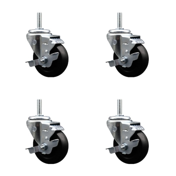 35 Inch Hard Rubber Wheel Swivel 58 Inch Threaded Stem Caster Set with Brake SCC